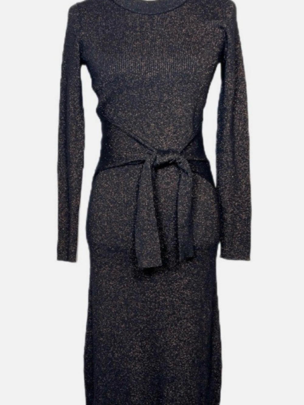 Evereve Knit Copper Metallic Long Sleeve Front Belted Midi Dress - Black Brown